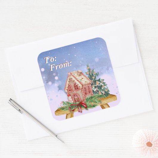 クリスマスジンジャーブレッドハウスウォーターカラーへ&から スクエアシール (封筒)
