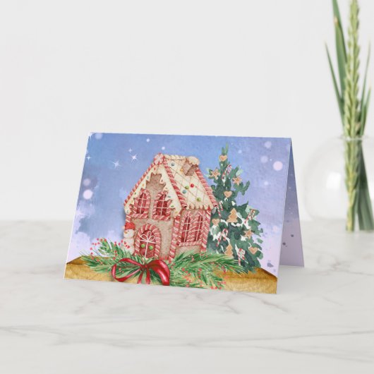 クリスマスジンジャーブレッドハウスウォーターカラーグリーティング カード (正面)