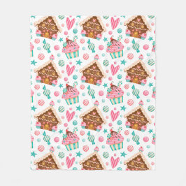 クリスマスジンジャーブレッドハウスキャンディ&カップケーキ フリースブランケット