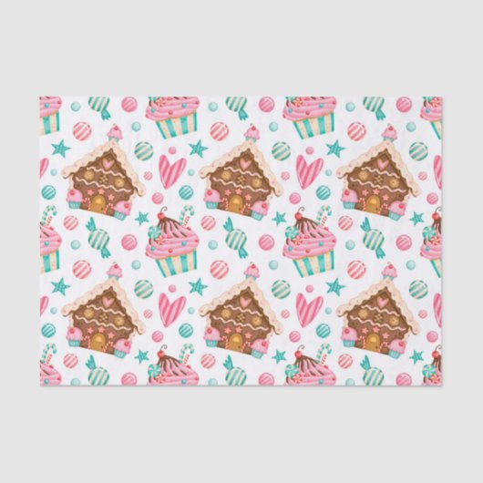 クリスマスジンジャーブレッドハウスキャンディ&カップケーキ 薄葉紙 (正面)