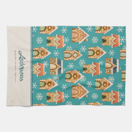 クリスマスジンジャーブレッドハウスクッキーティール（緑がかった色） キッチンタオル