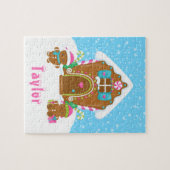 クリスマスジンジャーブレッドハウスピンクとブルー ジグソーパズル (横)