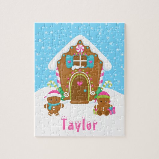 クリスマスジンジャーブレッドハウスピンクとブルー ジグソーパズル (縦)