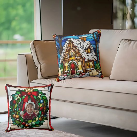 クリスマスジンジャーブレッドハウスフェイクステンドグラス クッション