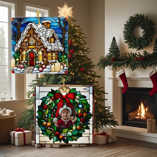 クリスマスジンジャーブレッドハウスフェイクステンドグラス セラミックオーナメント