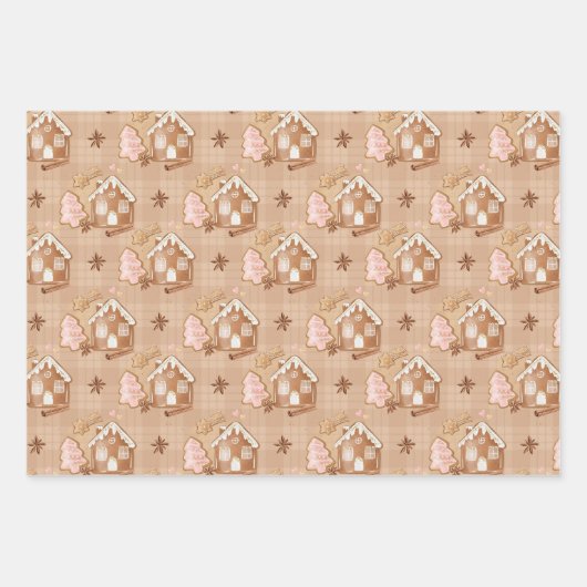 クリスマスジンジャーブレッドマンズハウスツリーズスターズハートピンク ラッピングペーパーシート (正面2)