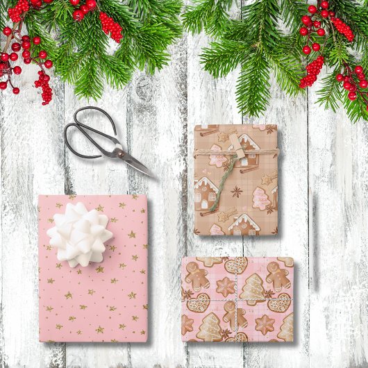 クリスマスジンジャーブレッドマンズハウスツリーズスターズハートピンク ラッピングペーパーシート