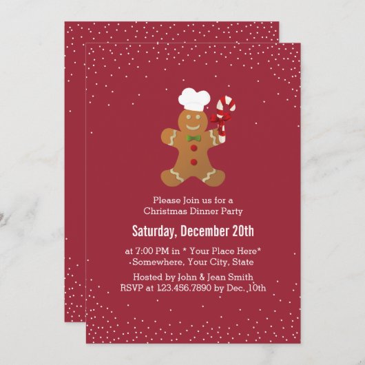 クリスマスジンジャーブレッドマンホリデーディナーパーティー 招待状 (正面/裏面)
