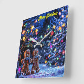 クリスマスジンジャーブレッドマン雪魔法 スクエア壁時計 (傾斜)