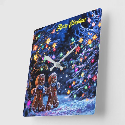 クリスマスジンジャーブレッドマン雪魔法 スクエア壁時計 (傾斜)