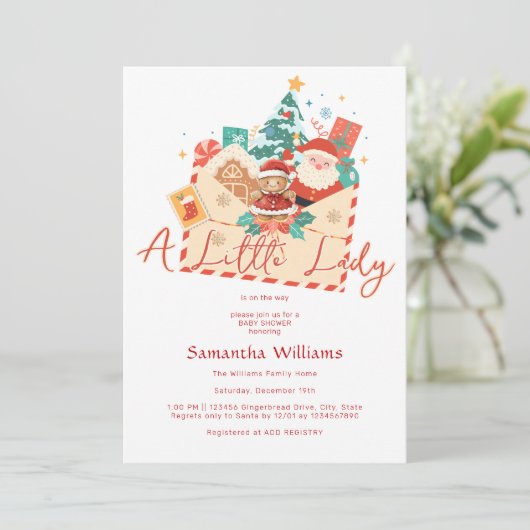 クリスマスジンジャーブレッドリトルレディーガールベビーシャワー 招待状 (スタンド正面)