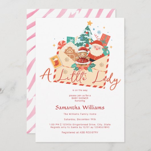 クリスマスジンジャーブレッドリトルレディーガールベビーシャワー 招待状 (正面/裏面)