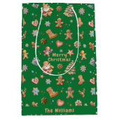 クリスマスジンジャーブレッド名おもしろいかわいいグリーン ミディアムペーパーバッグ (正面)