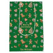 クリスマスジンジャーブレッド名おもしろいかわいいグリーン ミディアムペーパーバッグ (裏面)