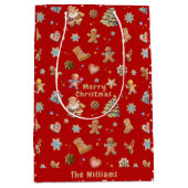 クリスマスジンジャーブレッド名おもしろいかわいい赤 ミディアムペーパーバッグ (正面)