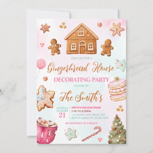 クリスマスジンジャーブレッ飾ドハウスのパーティー 招待状 (正面)