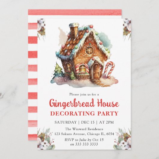 クリスマスジンジャーブレッ飾ドハウスのパーティー 招待状 (正面/裏面)