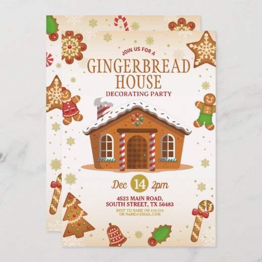 クリスマスジンジャーブレッ飾ドハウスのパーティー 招待状 (正面/裏面)