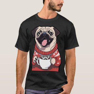 クリスマススウェットを着たホットココアのパグ Tシャツ