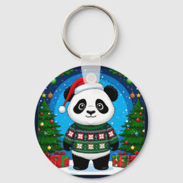 クリスマススウェーターを着たかわいいパンダがサンタ帽をかぶる キーホルダー