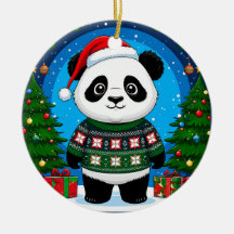 クリスマススウェーターを着たかわいいパンダがサンタ帽をかぶる