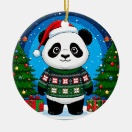クリスマススウェーターを着たかわいいパンダがサンタ帽をかぶる セラミックオーナメント