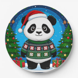 クリスマススウェーターを着たかわいいパンダがサンタ帽をかぶる ペーパープレート