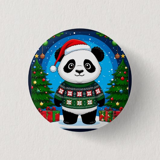 クリスマススウェーターを着たかわいいパンダがサンタ帽をかぶる 缶バッジ (正面)