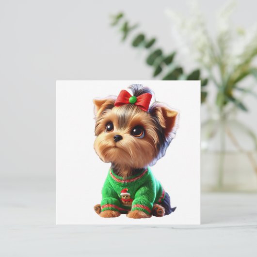 クリスマススウェーターを着たヨークシャーテリア シーズンカード (スタンド正面)