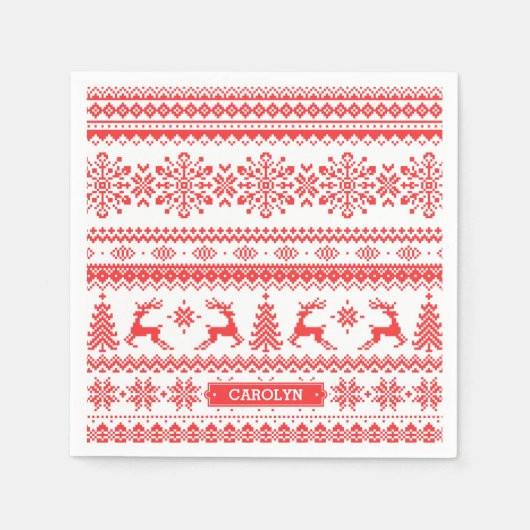 クリスマススウェーター 赤 フェアアイル柄 モノグラム スタンダードカクテルナプキン (正面)