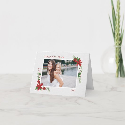 クリスマススウォーターカラーホリーベリーポイントセティアフォト シーズンカード (正面)