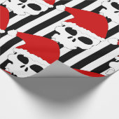 クリスマススカルサンタハットオンブラック&ホワイトストライプズ ラッピングペーパー (角)