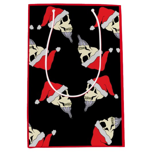 クリスマススカルズウィズサンタハッツ抱き枕ブラック ミディアムペーパーバッグ (正面)