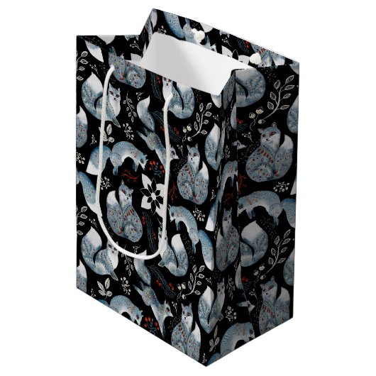 クリスマススカンジナビアノルディックグレーキツネオンブラック ミディアムペーパーバッグ (正面アングル)