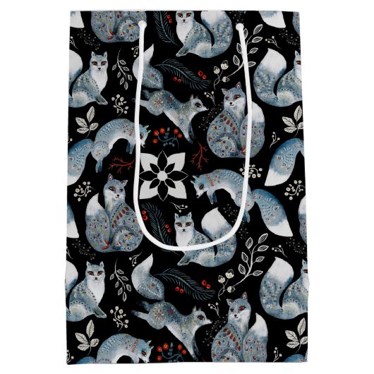 クリスマススカンジナビアノルディックグレーキツネオンブラック ミディアムペーパーバッグ (裏面)