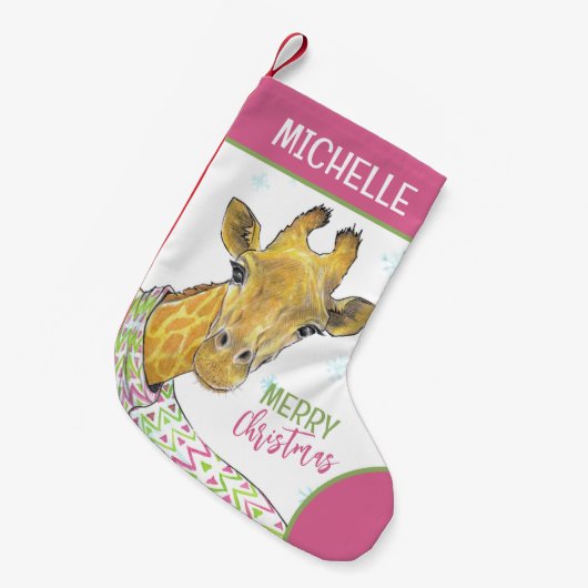 クリスマススカーフのキリンかわいい冬の動物アート スモールクリスマスストッキング (正面 (吊り時))