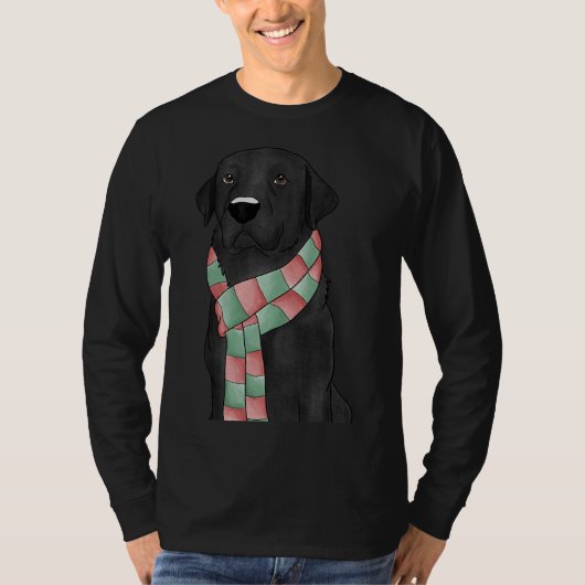 クリスマススカーフを取り付けたブラックラボ Tシャツ (正面)