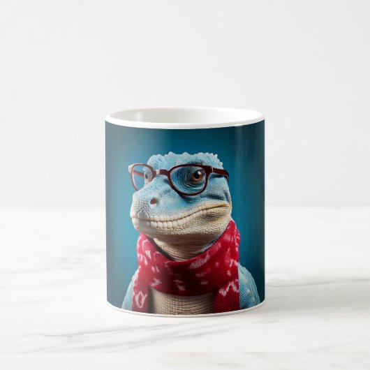 クリスマススカーフを身に着けた青い恐竜 コーヒーマグカップ (中央)