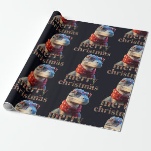 クリスマススカーフを身に着けた青い恐竜 ラッピングペーパー