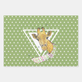 クリスマススカーフ付きキリンかわいいおもしろい動物アート ラッピングペーパーシート