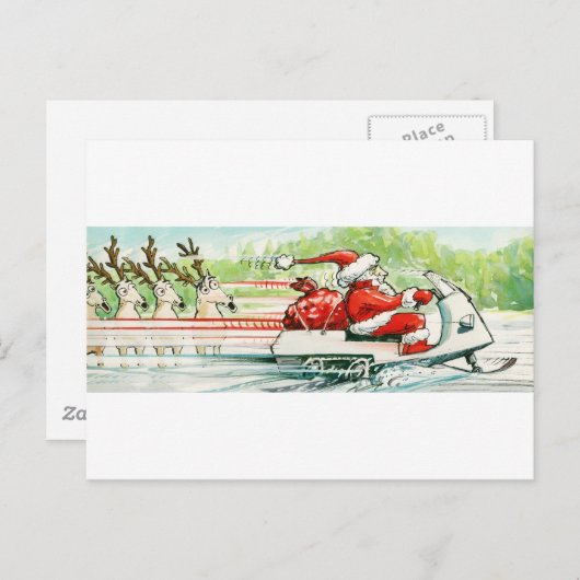 クリスマススキーサンタスノーモービルスキー シーズンポストカード (正面/裏面)