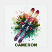 クリスマススキー名前をカスタムする メタルオーナメント (正面)