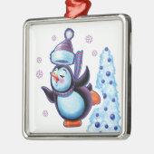 クリスマススクエアオーナメントスケートで滑るペンギン メタルオーナメント (左)