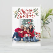 クリスマススクリプトと緑の数々の休日の写真 カード (スタンド正面)