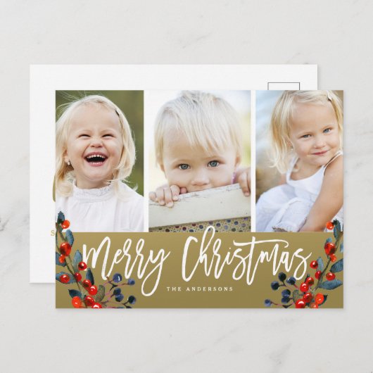 クリスマススクリプトベリー3フォトホリデー シーズンポストカード (正面/裏面)