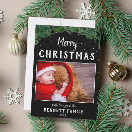 クリスマススクリプト松ブラック雪の結晶写真 シーズンカード