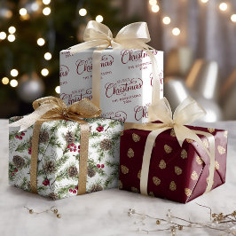 クリスマススクリプ素朴トパインコーンパーソナライズされた ラッピングペーパーシート