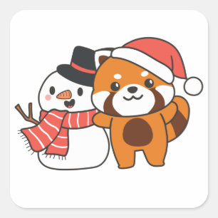 クリスマススクーの冬の雪だるま付き赤パンダ スクエアシール