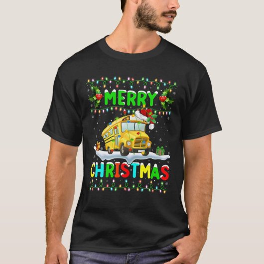 クリスマススクールバス照明サンタメリークリスマスシュ Tシャツ (正面)