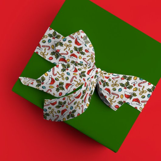 クリスマススケッチサンタハットホリーキャンディーケーンボウ サテンリボン